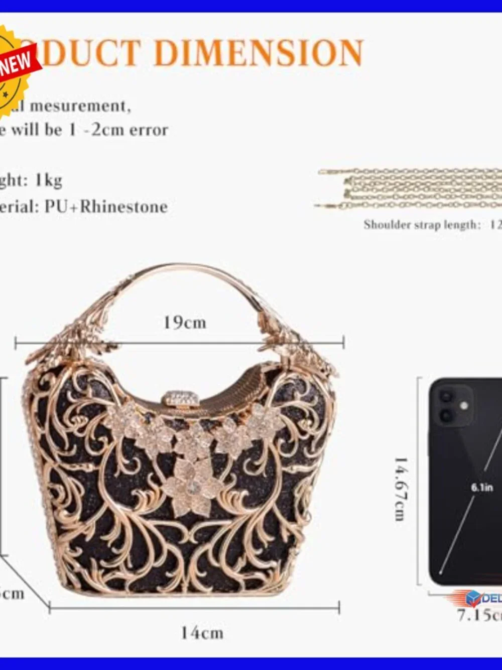 Sparkly Rhinestone Sequin Evening Clutch Purse with Chain Strap